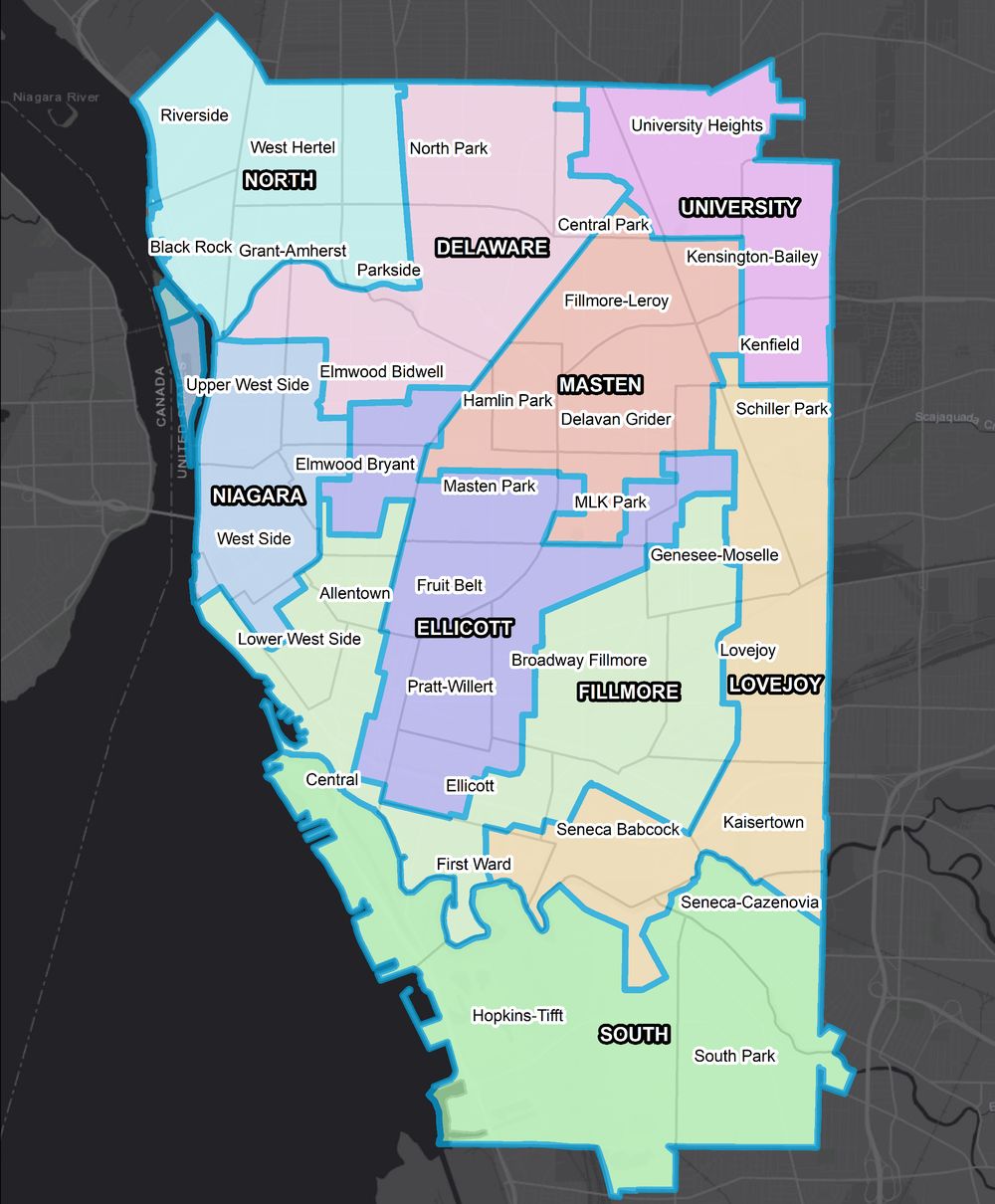 Council Map 1: Buffalo's nine districts as revised by the Common Council in June 2022.