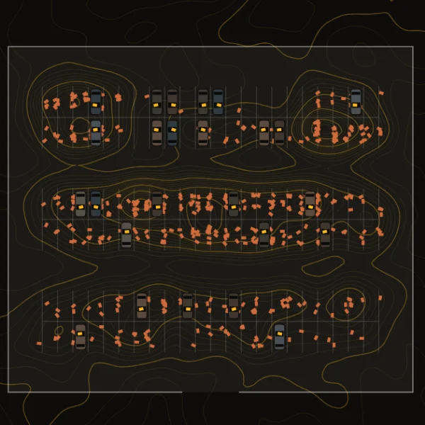 A parking lot seen from above, with cars in rows and orange flyers scattered between them.