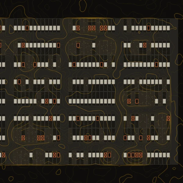 City blocks seen from above, rows of houses with some marked vacant, under gold contours.